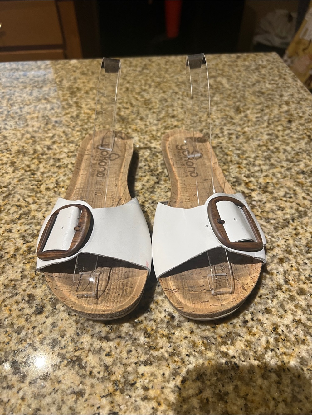 Women’s White Slide Sandals with Brown Accent Buckle
